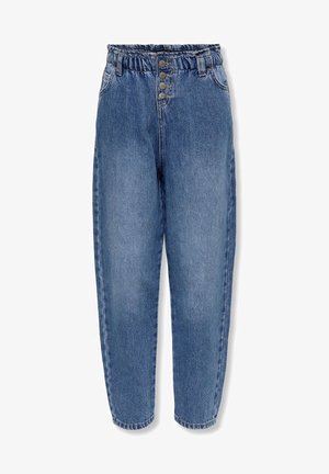 Pantaloni in denim azzurro chiaro con una cintura elastica alta, chiusura a cinque bottoni e gambe affusolate. Caratterizzati da tasche laterali e una texture sbiadita.