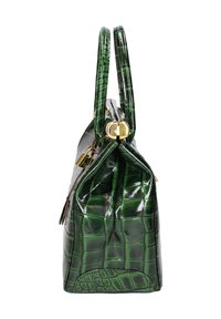 Borsa a tracolla in pelle verniciata verde con un motivo testurizzato a coccodrillo, due manici e accessori in oro nella parte superiore.