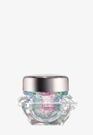 Barattolo di cristallo con base sfaccettata, dotato di un coperchio in argento. All'interno, un prodotto colorato e luccicante con tonalità pastello di rosa, verde e blu.