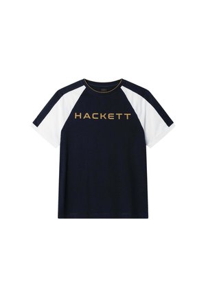 Navyblaues und weißes T-Shirt mit kurzen Raglanärmeln, goldenem "HACKETT"-Logo auf der Vorderseite und einem gerippten Rundhalsausschnitt. Aus weichem Baumwollstoff.