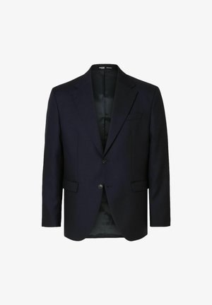 Navy värvi villast bleiser, millel on kahe nupuga sulgemine, nurgelised kraed, klapiga taskud ja sile jaotuse vooder.