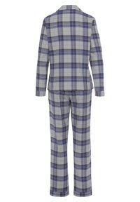 Gray plaid suit set featuring a blazer and matching pants, with blue and black accents, smooth texture, and standard collar design.