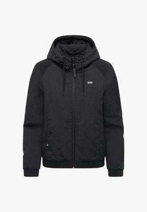 Sort hættejakke med lynlåslukning foran, ribstrikkede manchetter og kant, teksturerede skulderdekorationer samt et lille logodetalje på brystet.