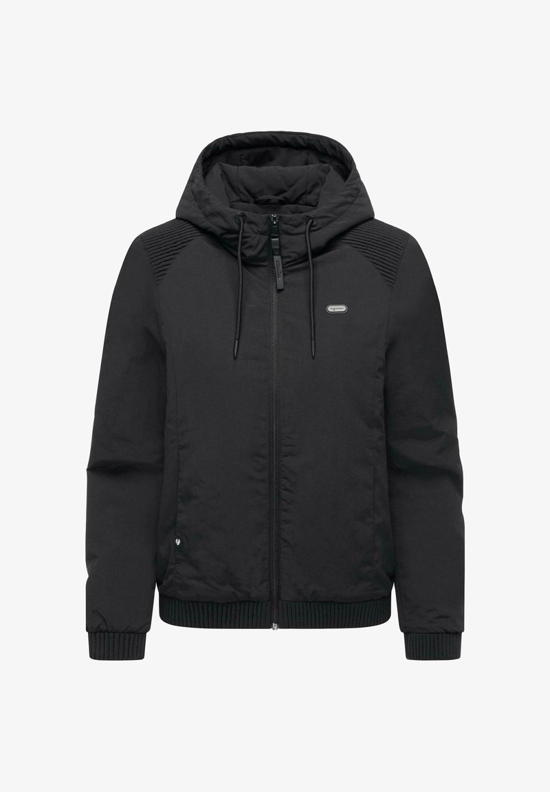 Czarna kurtka z kapturem na suwak z przodu, z prążkowanymi mankietami i dolnym krawędziem, teksturowanymi akcentami na ramionach oraz małym logo na piersi.