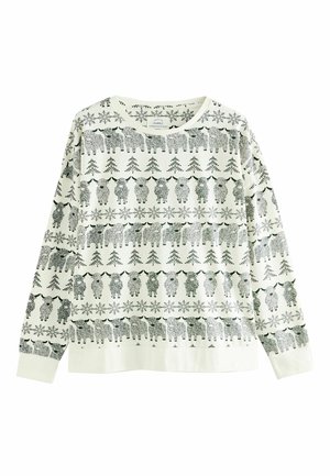 Lyscreme sweatshirt med et gentaget mønster af sorte dyr, træer og snefnug. Lange ærmer og rund halsudskæring. Blød tekstur.