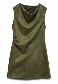 Robe sans manches en daim vert olive avec un col bénitier drapé et une légère silhouette en A.