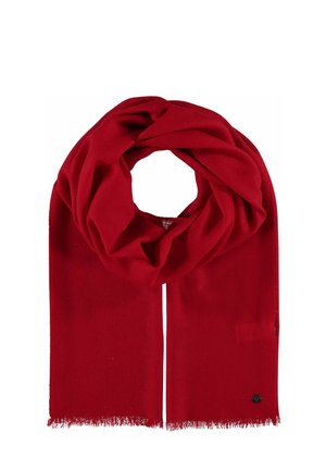 Rdeča pletena šal s mehko teksturo, ki ima nenehno zanko in frufru na koncih. Vključen je tudi majhen črn logotip.