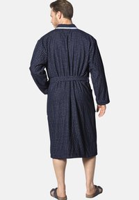 Navy blue bathrobe made of textured fabric with a subtle grid pattern, featuring long sleeves, a belted waist, and a shawl collar.