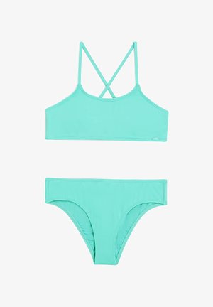Ensemble bikini vert menthe avec un haut court présentant des bretelles croisées et un bas assorti. Texture lisse, design épuré.