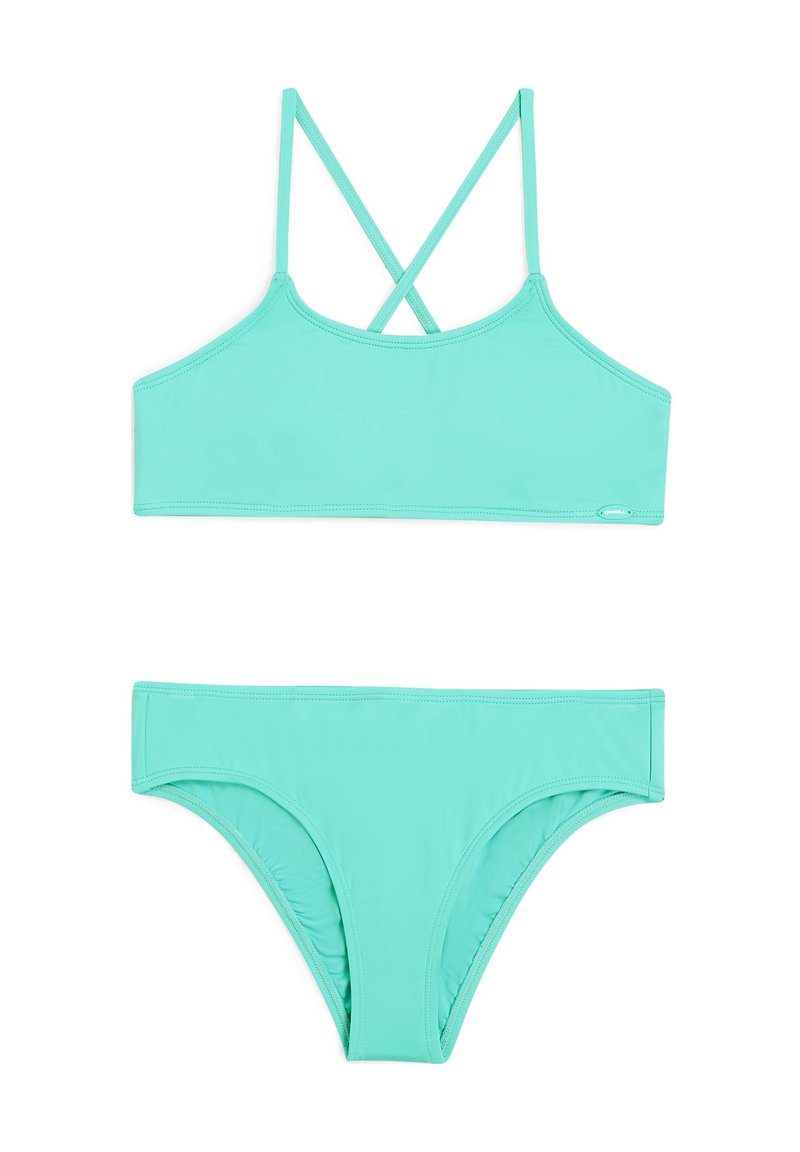 Bikini set u mint zelenoj boji s kratkim topom s ukrštenim trakama i odgovarajućim donjim dijelom. Glatka tekstura, jednostavan dizajn.
