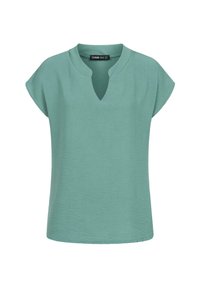 Mintgrønn topp med korte cap sleeves, V-hals og teksturert stoff. Enkel design med løs passform, uten mønstre eller detaljer.