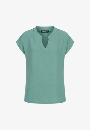 Top verde menta con maniche corte a cappotto, scollatura a V e tessuto testurizzato. Design semplice con vestibilità rilassata, senza motivi o dettagli.