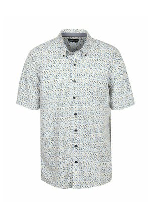 Wit overhemd met korte mouwen, klein blauw en geel bloemenpatroon en een button-down kraag.