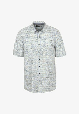 Wit overhemd met korte mouwen, klein blauw en geel bloemenpatroon en een button-down kraag.