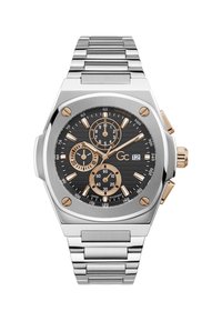 Ročna ura iz nerjavečega jekla s črnim številčnim prikazovalnikom, zlatimi poudarki, tremi podštevilčnicami, prikazom datuma na poziciji 3 ure in pasom iz povezanih kovinskih členov.