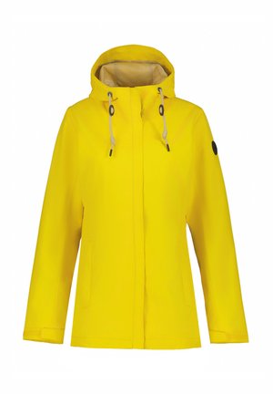 Yellow waterproof jacket with a front zipper, drawstring hood, and two side pockets; features a black logo accent on the left sleeve.