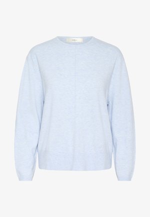 Light blue knitted sweater with long sleeves, round neck, and a straight cut. Features a subtle texture and center seam detail.