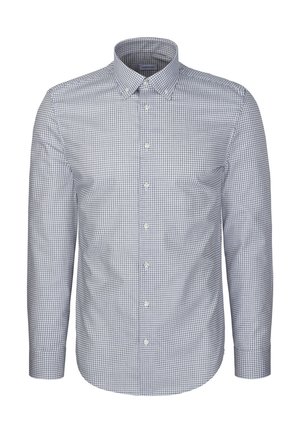 Chemise à manches longues avec un petit motif à carreaux bleu et blanc et un col boutonné.