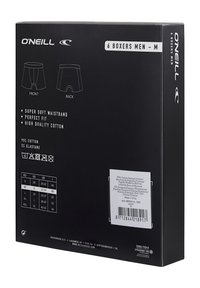 Emballage en boîte noire pour boxers O'Neill. Illustrations avant et arrière, ceinture super douce, 95 % coton, taille M, instructions d'entretien au bas.