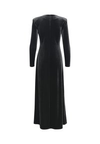 Black velvet long-sleeve dress featuring a straight silhouette, full length, and a center back seam with a concealed zipper closure.