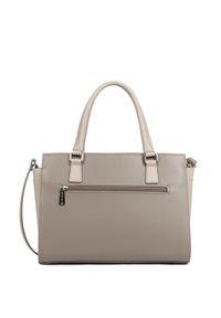 Borsa a tracolla in pelle beige con due manici superiori, tracolla staccabile, tasca frontale con zip e dettagli di cucitura sottili.
