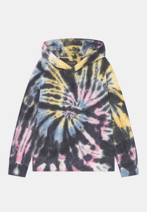 Hoodie z tie-dye z spiralnym wzorem w kolorach czarnym, różowym, niebieskim i żółtym. Gładka tekstura, z kieszenią z przodu i kapturem na sznurku. Widoczne logo.