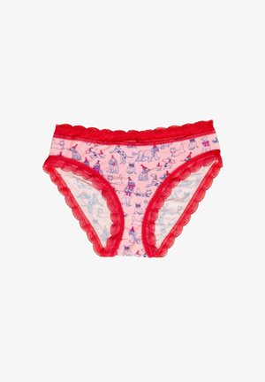 Vaipat vaale ruusu värvitatud puuvillased aluspüksid koos punaste laineliste pitsidega. Omab korduvat mustrit joonistatud loomadest. Mugav ja hästi istuv disain.