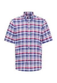 Camicia a maniche corte a quadri in rosso, blu e bianco. Collo button-down, tessuto leggero, presenta un motivo a quadri multicolore.