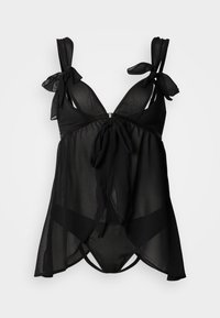 Ensemble deux pièces noir en voile transparent avec bretelles ajustables en ruban, décolleté plongeant et taille froncée avec détail noué.