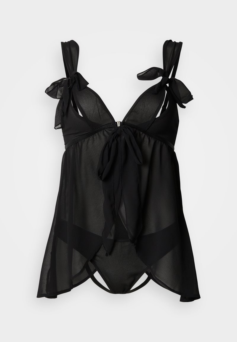 Ensemble deux pièces noir en voile transparent avec bretelles ajustables en ruban, décolleté plongeant et taille froncée avec détail noué.
