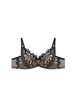 Black lace bra with a floral pattern, sheer mesh sides, adjustable straps, and a gold accent chain at the center. Smooth texture throughout.