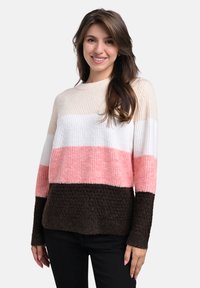 Strickpullover mit horizontalen Streifen in Beige, Weiß, Rosa und Braun. Strukturierter brauner Saum und Bündchen. Normale Passform, runder Halsausschnitt.