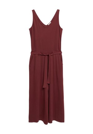 Ärmelloser weinroter Jumpsuit mit V-Ausschnitt, weitem Bein, Seitentaschen und einem passenden Stoffgürtel, der in der Taille gebunden ist.