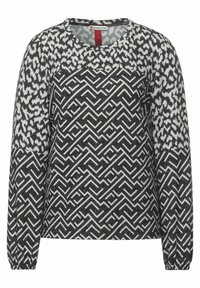 Schwarzer und weißer gemusterter Pullover mit rundem Ausschnitt. Verfügt über ein geometrisches Design am Hauptteil und einen kontrastierenden Tierdruck an den Ärmeln.