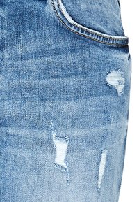 Light blue denim jeans featuring distressed areas with visible fraying and small rips. Classic five-pocket design with a slim fit.