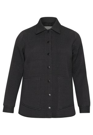 Black woven jacket featuring a zigzag pattern, button front, two front pockets, and a classic collar with textured fabric.