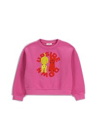 Różowa bluza z długim rękawem, z okrągłym dekoltem. Na przodzie znajdują się ilustracje psów w kolorze żółtym i czerwonym, a także napis "UPSIDE DOWN" w kolorze czerwonym.