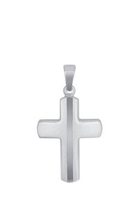 Pendente a croce in argento con finitura testurizzata, caratterizzato da una striscia liscia che corre lungo il centro e un semplice anello per il collegamento a una catena.