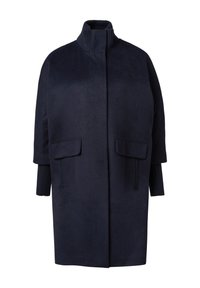 Marineblauer oversized Mantel mit hohem Kragen, gerippten Ärmelbündchen und zwei vorderen Taschen, aus einem glatten, strukturierten Stoff gefertigt.