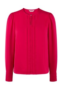 Fuchsia long-sleeve blouse with a round neckline, vertical pintuck pleats, button closure, and cuffed sleeves in smooth fabric.