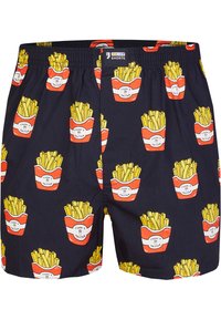 Pantaloni boxer con uno sfondo blu navy e una stampa ripetuta di contenitori di patatine fritte rossi e bianchi pieni di patatine gialle. Fascia elastica in vita.