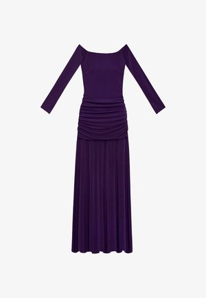 Abito lungo viola a maniche lunghe con scollo quadrato, caratterizzato da una vita arricciata e una gonna fluida. Realizzato in un tessuto morbido e elasticizzato.