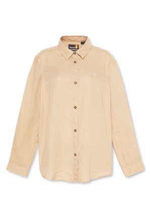 Beige Langarmhemd aus leichtem Stoff, mit einem Button-Down-Kragen, vorderen Knöpfen und einem kleinen Logo auf der Brust.