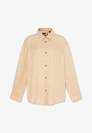 Beige Langarmhemd aus leichtem Stoff, mit einem Button-Down-Kragen, vorderen Knöpfen und einem kleinen Logo auf der Brust.