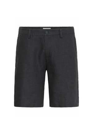 Donkergrijze linnen shorts van een gestructureerde stof, met een sluiting aan de voorkant en zijzakken. Tot op de knie gesneden voor een casual pasvorm.