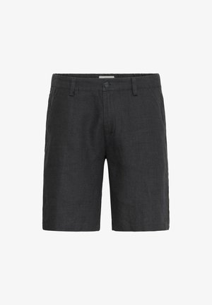 Donkergrijze linnen shorts van een gestructureerde stof, met een sluiting aan de voorkant en zijzakken. Tot op de knie gesneden voor een casual pasvorm.