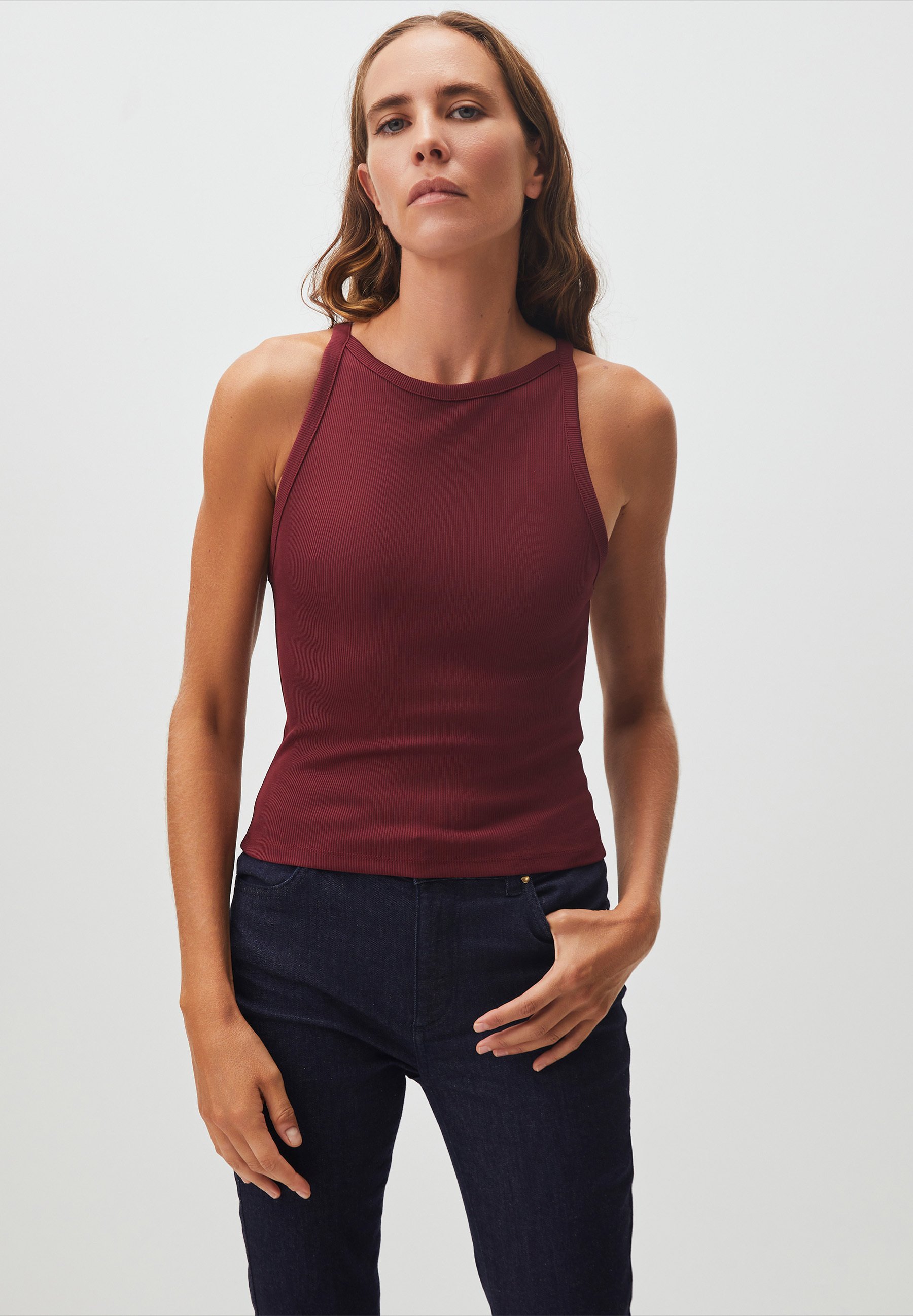 Women's High Neck Ribbed Tank Top - Cotton Rayon Racerback Sleeveless Halter (Burgundy, Large)