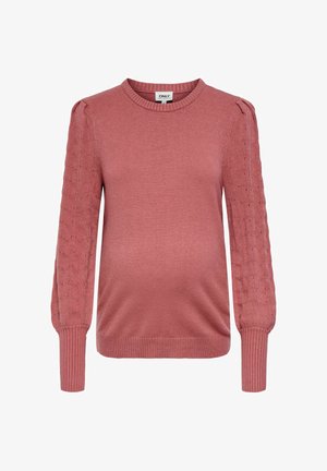 Moteriškas megztinis nėščioms moterims švelnaus rožinio tonas, su apvalia apykakle, raukinėtomis rankovėmis ir raštuotu detalizavimu ant rankovių, suteikiančiu tekstūrą ir stilių.