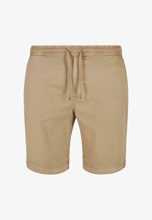 Pantaloncini beige in cotone con vita elasticizzata e coulisse, lunghezza al ginocchio con dettagli di cuciture visibili.