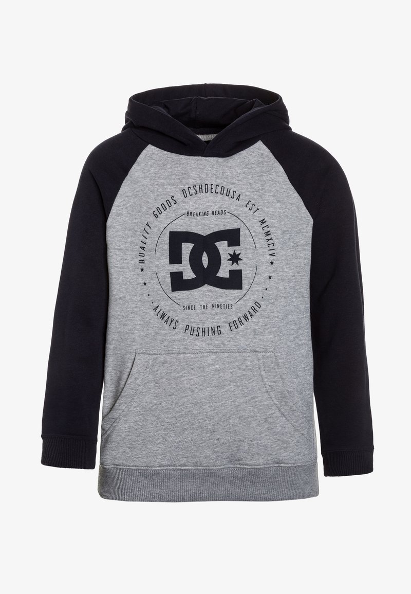 Kapuzenpullover mit grauem Oberteil, marineblauen Raglanärmeln, Fronttasche und rundem Logo auf der Brust. Hergestellt aus weicher Baumwolle.